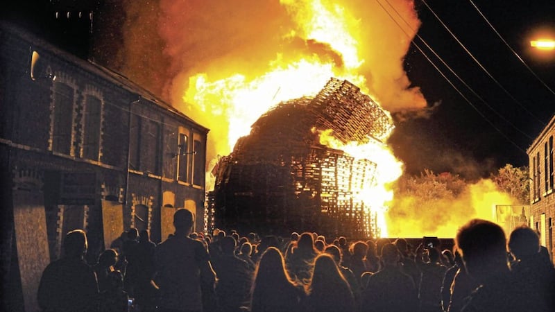 An eleventh night bonfire in full blaze in east Belfast