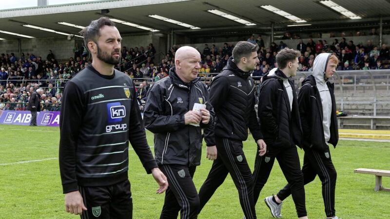 Donegal&#39;s (left to right) Karl Lacey and manager Declan Bonner and players during the Fermanagh clash on May 26 2019. Picture by Seamus Loughran 