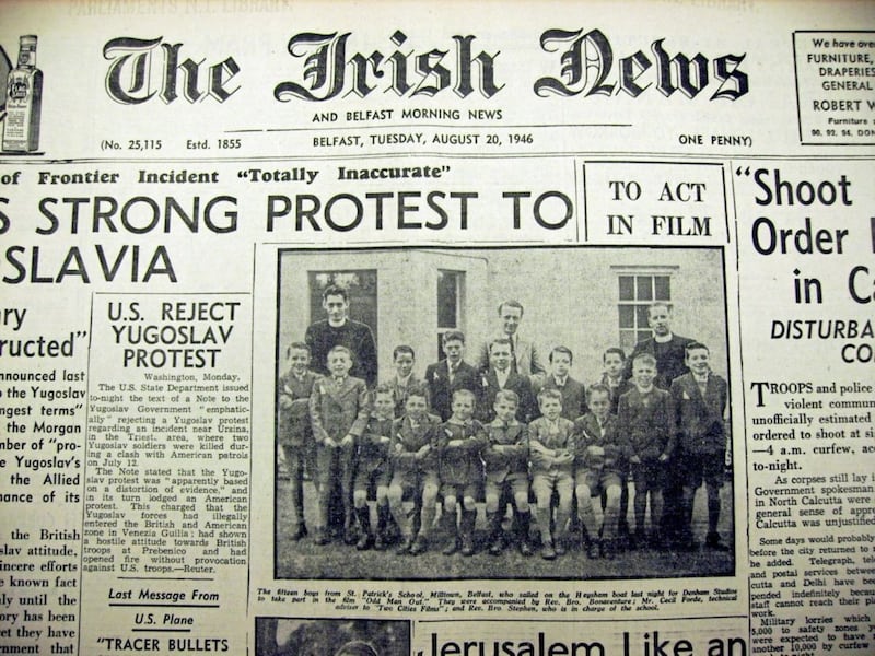 A front page of The Irish News from August 1946 shows a photo of 15 Belfast schoolboy extras who were taken to Denham film studios in England 