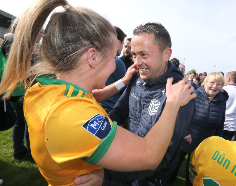 Maxi Curran celebrates with Niamh McLaughlin following Donegal's win over Armagh in this year's Ulster Senior Football final