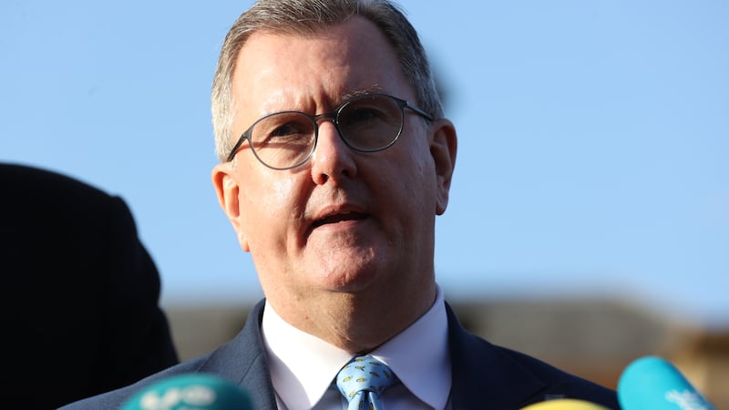 DUP leader Sir Jeffrey Donaldson speaks to the media outside Hillsborough Castle where political parties have reconvened for more talks with and the Government on a financial package for the region. Picture date: Tuesday December 19, 2023.