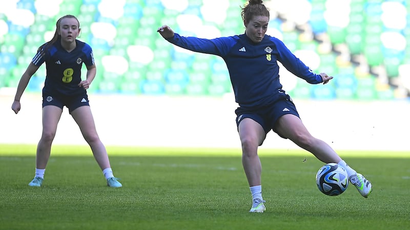 Northern Ireland women's captain Marissa Callaghan takes a shot in training at Windsor Park