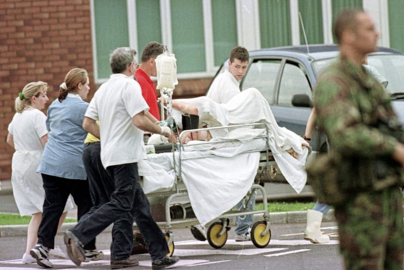 An injured casualty is airlifted from Tyrone County Hospital to the Belfast Royal Victoria Hospital following the Omagh bombing. Picture by Peter Murphy, Press Association