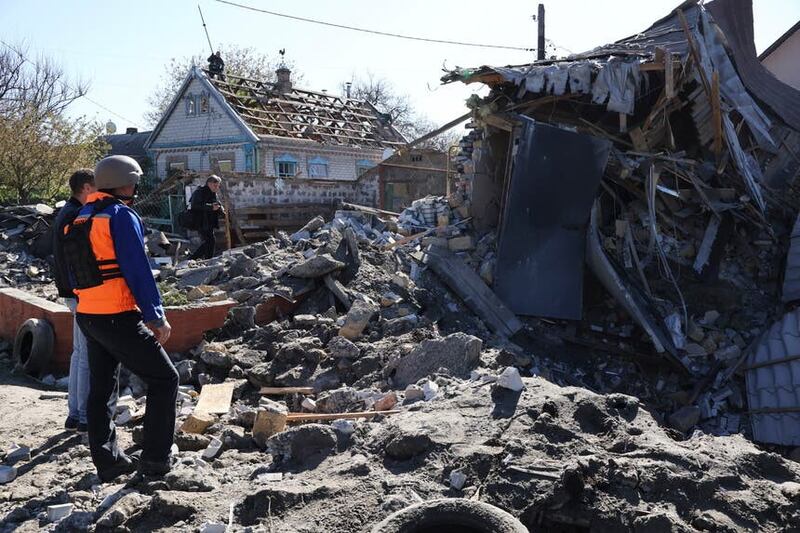 A building destroyed by Russian shelling at night in Zaporizhia, Ukraine (AP)
