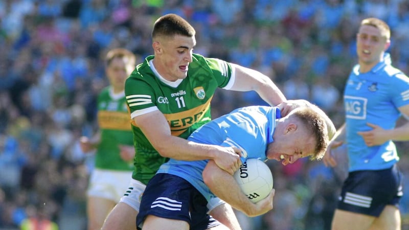 Dublin&#39;s Se&aacute;n Bugler and Kerry&#39;s Se&aacute;n O&#39;Shea in action during the GAA Football All-Ireland Senior Championship Semi-Final  between Dublin and Kerry on 07-10-2022 at Croke Park Dublin. Pic Philip Walsh 