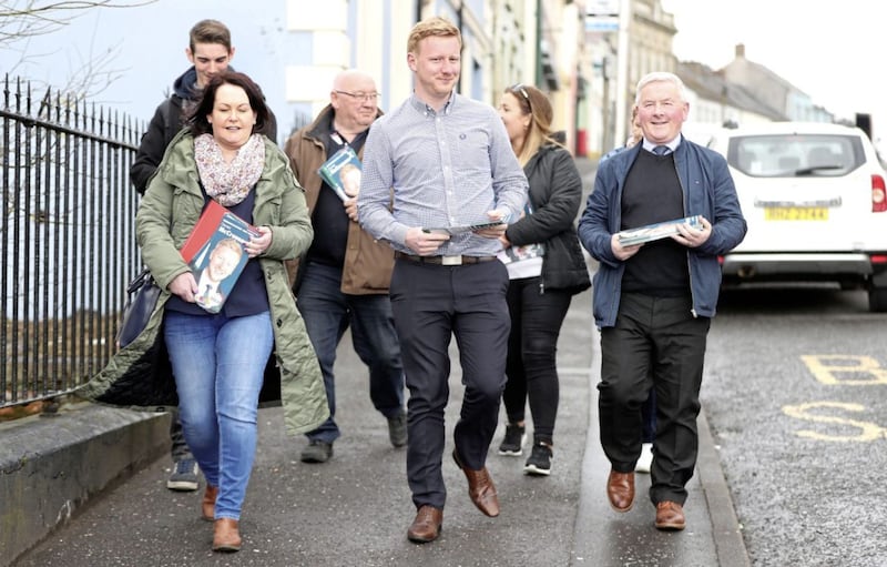 SDLP candidate Daniel McCrossan in Fintona canvasing for the upcoming West Tyrone by-election. PRESS ASSOCIATION Photo. Picture date: Thursday April 26, 2018. See PA story ULSTER WestTyrone. Photo credit should read: Niall Carson/PA Wire     