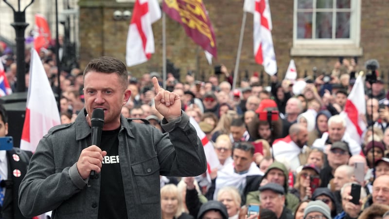 Tommy Robinson speaking during a St George’s Day event on Whitehall, in Westminster, central London