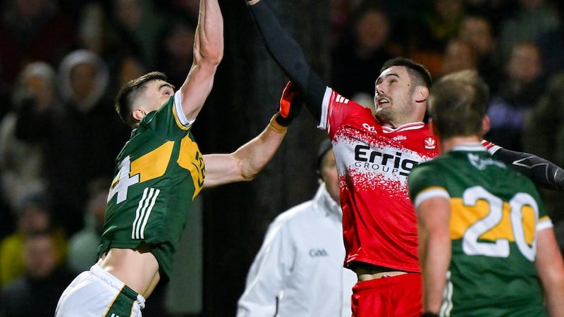 27 January 2024; Chrissy McKaigue of Derry blocks a goalbound effort from Sean O'Shea of Kerry during the Allianz Football League Division 1 match between Kerry and Derry at Austin Stack Park in Tralee, Kerry. Photo by Brendan Moran/Sportsfile