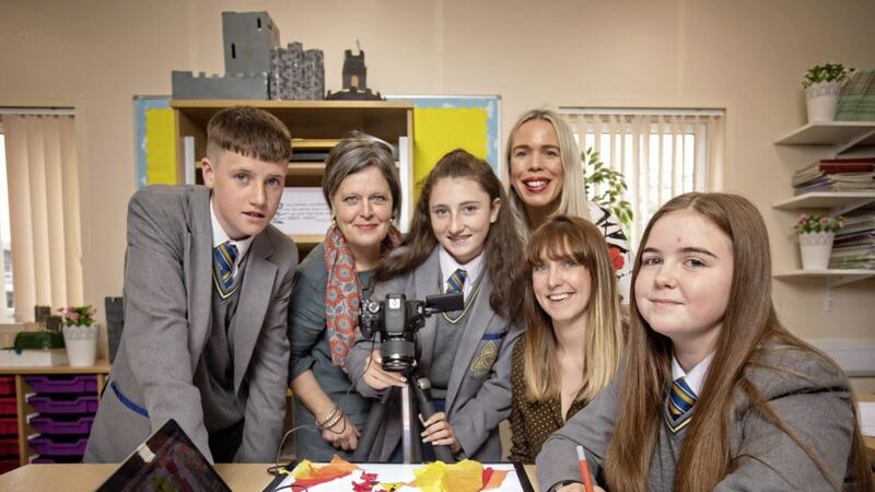 Year 10s Odhran McCart, Francine Faloon and Alliemarie Conway with teacher Gilah McCarroll, Marie O&rsquo;Donoghue from the Education Authority and Jennifer McAlorum from Nerve Belfast 