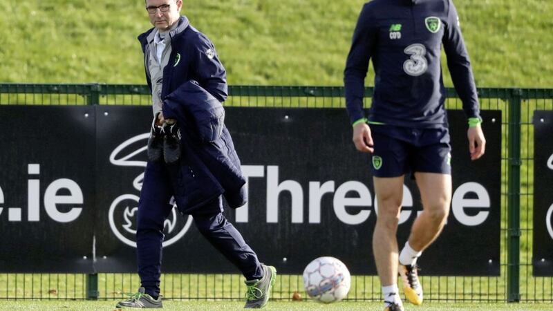 Republic of Ireland&#39;s Martin O&#39;Neill and Callum O&#39;Dowda during a training session at the FAI National Training Centre, Abbotstown. O&#39;Neill gave O&#39;Dowda his big chance at international level 