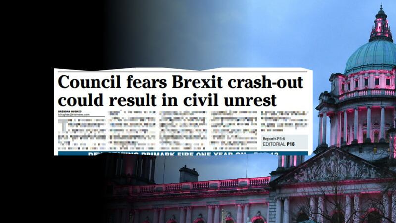 &nbsp;Belfast City Hall, and inset, how The Irish News revealed details of the council's no-deal Brexit concerns and contingency plans