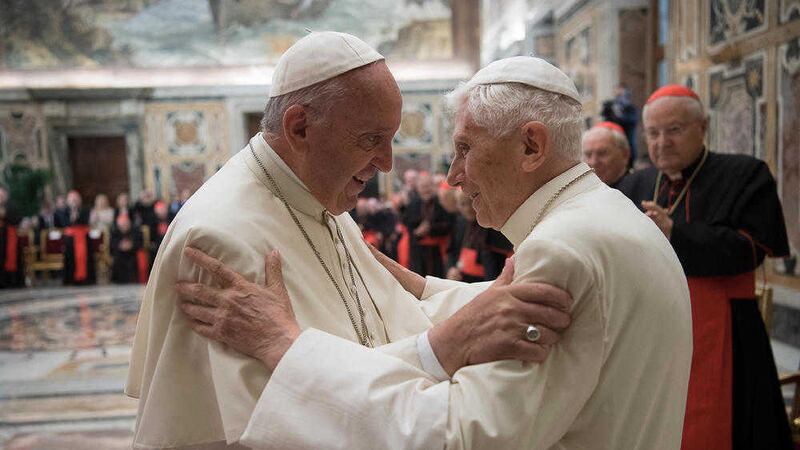 Pope Francis, left, and retired Pope Benedict XVI at a ceremony to celebrate Benedict&#39;s 65th anniversary of his ordination 