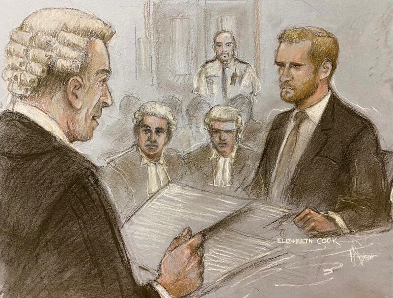 A court artist sketch of the Duke of Sussex being cross examined by Andrew Green KC, as he gave evidence during the phone hacking trial against Mirror Group Newspapers