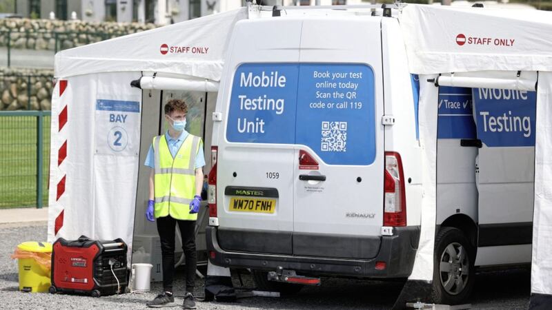 Facilities set up for coronavirus surge testing at Ballymartin GAC in Kilkeel, Co Down, on Monday June 7 after several suspected cases of the Delta variant were identified in the area. Picture by Liam McBurney, Press Association