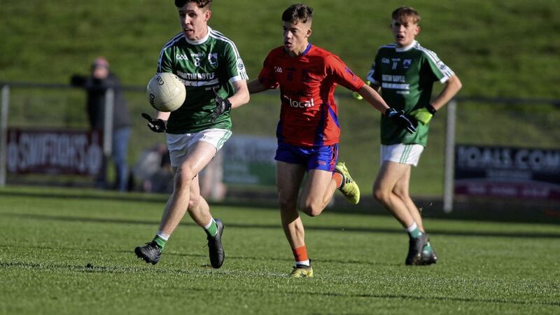 Ghaoth Dobhair&#39;s Sean McFadden in action with Ardboe&#39;s Shea O Hare in the Paul McGirr Ulster Under 16 Football Tournament at Gardrum Park, Dromore on Satuday October 26 2019. Picture by Seamus Loughran 