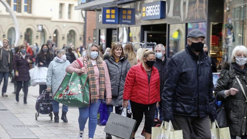 Shoppers out in Belfast on the last day before latest retail lockdown restrictions kicked in. Picture: Hugh Russell 
