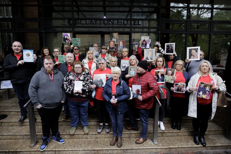 Members of the Northern Ireland Covid-19 Bereaved Families for Justice group held a public gathering to coincide with the first day of the Belfast sittings