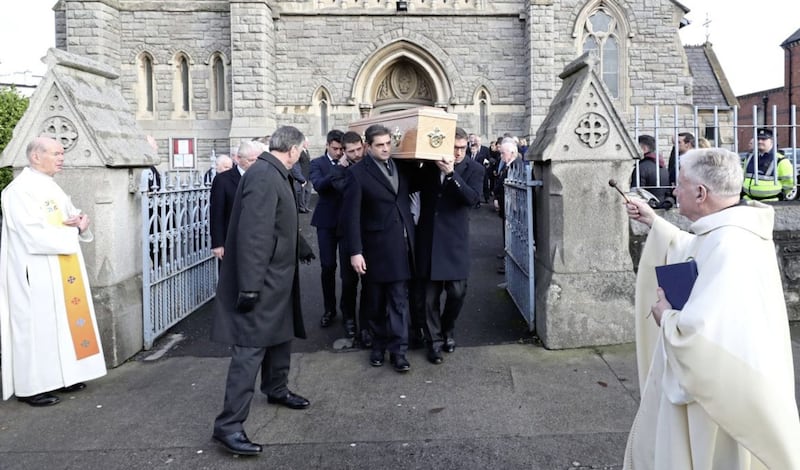 The coffin of Peter Sutherland is taken from the Church of the Sacred Heart, Donnybrook Dublin following his funeral. Picture by Niall Carson, Press Association 