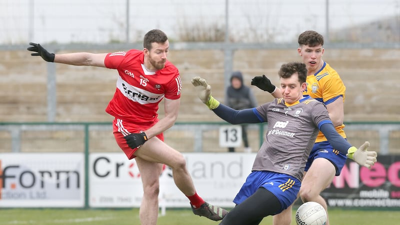 Niall Loughlin has an effort on goal during Derry's Allianz Football League Division Two win over Clare at Owenbeg on Sunday. The Ulster champions sealed promotion to Division One with a 10-point win over their Munster opponents  Picture Margaret McLaughlin.