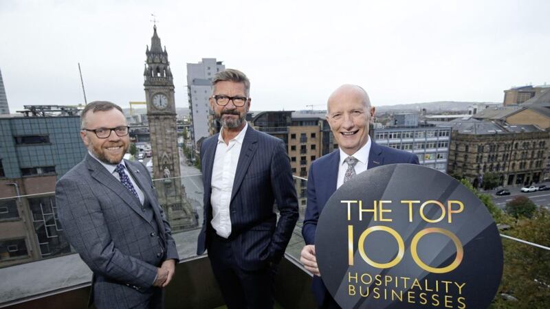 Mark Stewart, chair, Hospitality Ulster; Joris Minne, head judge, Top 100 Hospitality Businesses and Colin Neill, CEO, Hospitality Ulster launch the search for the Top 100 Hospitality Businesses in Northern Ireland for 2019. 