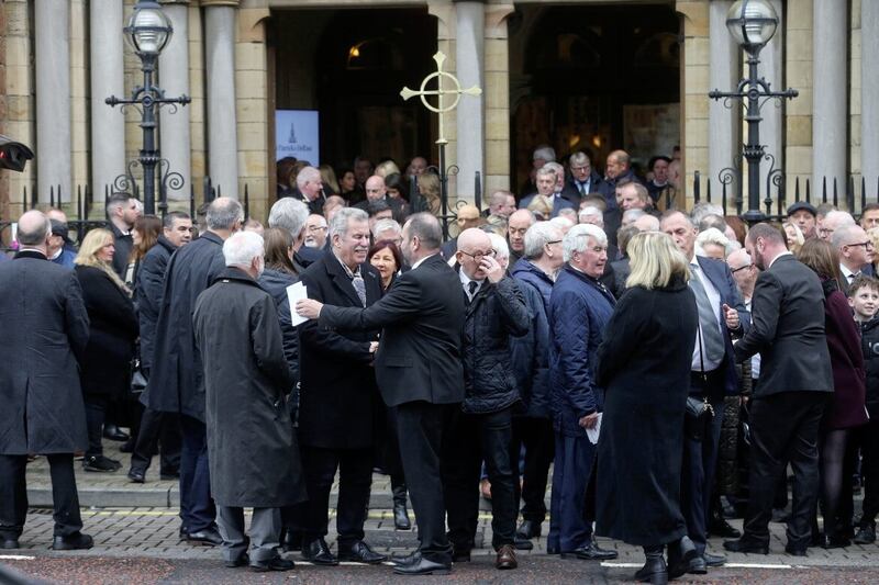 The funeral of Josephine Holmes the mother of Eamonn Holmes leaves St Patricks Church in Donegall Street Picture Mal McCann. 