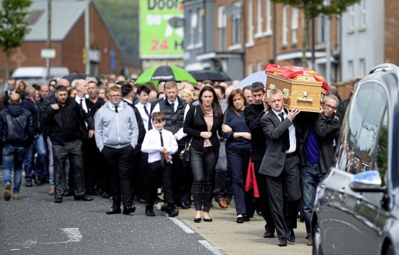 Family and friends attend the funeral of Colin McGarry at Sacred Heart Church on the Oldpark Road, Belfast. Picture Mark Marlow 