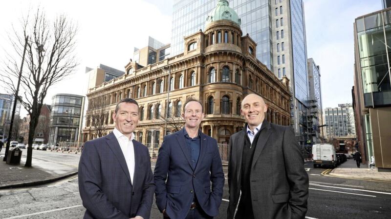 Deloitte&#39;s Danny McConnell (centre) with Etain founders Martin Goss (left) and Peter Shields. Picture by Kelvin Boyes. 