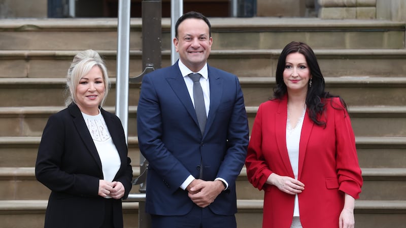 First Minister Michelle O'Neill and Deputy First Minister Emma Little-Pengelly meets with Taoiseach Leo Varadkar  at Stormont Castle on Monday.
Picture: COLM LENAGHAN