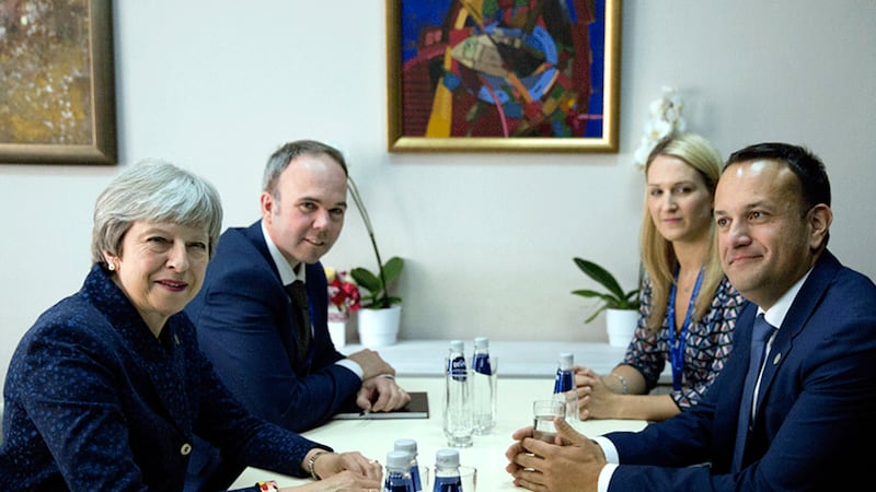 Taoiseach Leo Varadkar, right, meets British Prime Minister Theresa May, left, on the sidelines of an EU and Western Balkan heads of state summit at the National Palace of Culture in Sofia, Bulgaria. Picture by&nbsp;Virginia Mayo, AP Photo