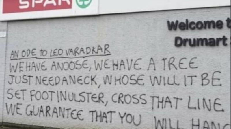 <span class="gwt-InlineHTML kpm3-ContentLabel">Threatening graffiti daubed in Belfast aimed at Tanaiste Leo Varadkar is being treated as a hate crime by police </span>