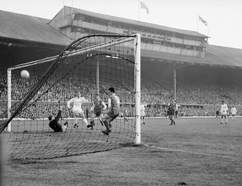 File photo dated May 18 1960 of Real Madrid's Alfredo di Stefano (c) blasting his team's second goal past Eintracht Frankfurt goalkeeper Egon Loy (l). In what is still regarded as one of the greatest all-time team performances, Alfredo di Stefano and Ferenc Puskas combined to mesmerise Hampden Park in the 1960 European Cup final.<br />Picture by PA Photos/PA Wire.&nbsp;