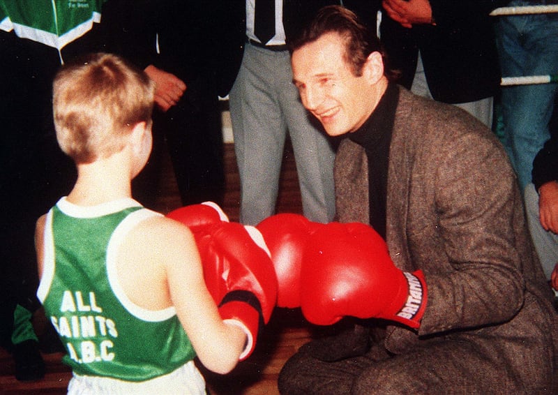 PACEMAKER, BELFAST, 8/3/2000: Doing his bit for Ballymena! Liam Neeson returns to the All Saints Boxing Club where he was a member as a child.