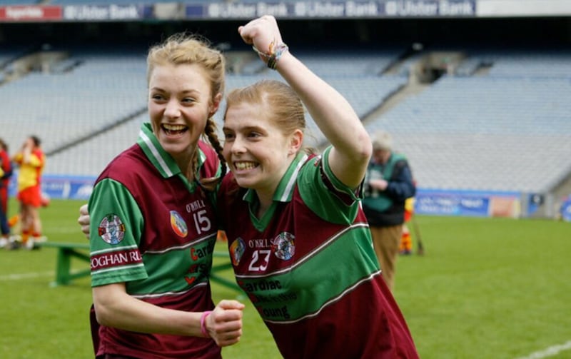 Katie Mullan (right) with Rosanna McAleese after they had helped Eoghan Rua, Coleraine win the All-Ireland intermediate club title at Croke Park in 2011&nbsp;