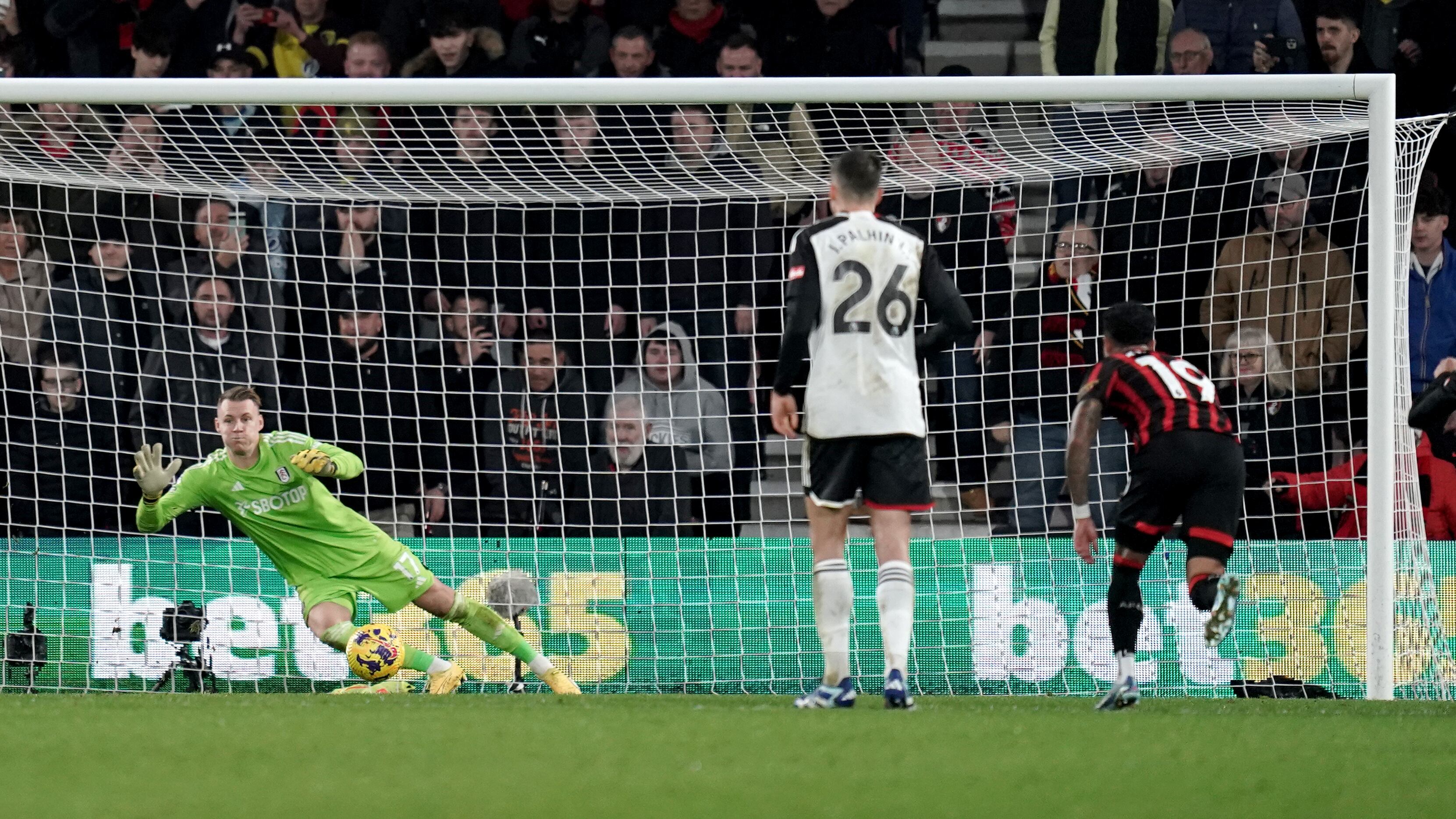 Bournemouth’s Dominic Solanke (right) scores his side’s second goal from the penalty spot