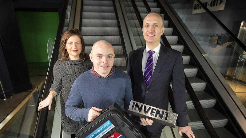 Ian Sheppard, head of business and corporate banking at Bank of Ireland UK, and Elaine Smith, head of programmes NISP CONNECT, pictured with Neil Hanley, founder of 2015 winner, PicoPuf 