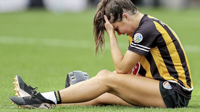Kilkenny&#39;s Katie Power sits dejected at the final whistle of the Liberty Insurance All-Ireland Senior Camogie Championship Final, Croke Park, Dublin on Sunday Sep 8 2019 as Galway emerged victorious Picture by INPHO/Laszlo Geczo 