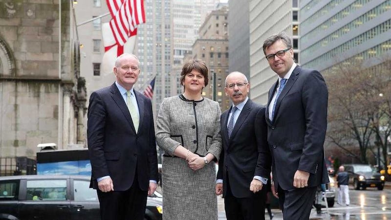 First Minister Arlene Foster and the Deputy First Minister Martin McGuinness with KPMG&#39;s Shaun Kelly and Invest NI&#39;s Alastair Hamilton during a four-day trip to the US in March this year. Picture by Kelvin Boyes/Press Eye 