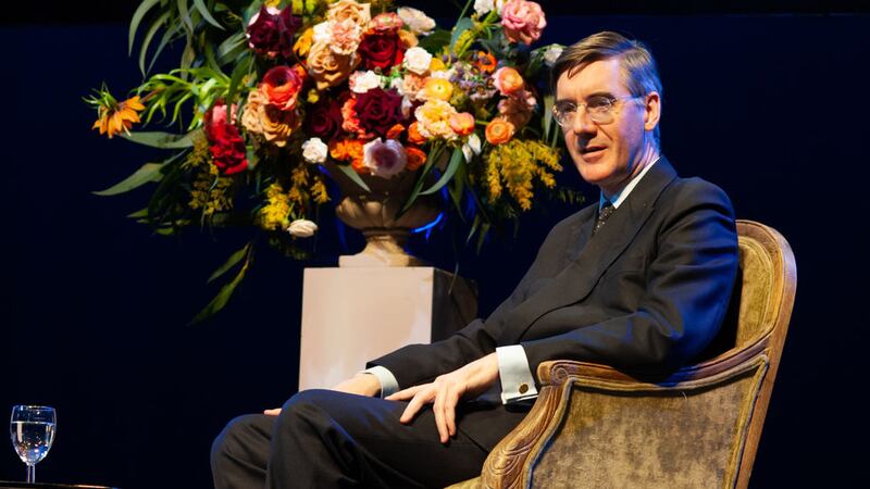 Jacob Rees-Mogg, pictured speaking at the London Palladium for a Spectator event last night, has indicated a softening of his previously hardline position