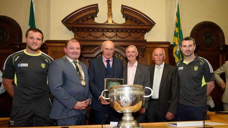 Michael Murphy, Ciaran Brogan, Donegal County Council Chairman, Anthony Molloy, Sean McEniff, Cllr. Tom Connaghan and Rory Gallagher at a reception to award Anthony Molloy the freedom of Donegal. Picture by Clive Wasson 
