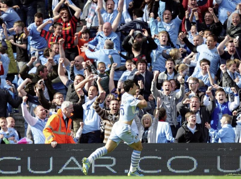 Manchester City's Sergio Aguero celebrates scoring&nbsp; at the Etihad Stadium. Picture by Dave Thompson, Press Association