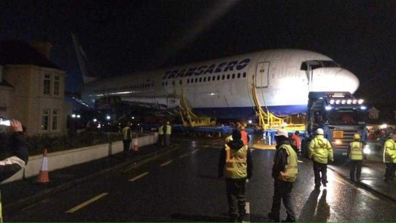 A Boeing 767 jet arrives by barge in the village of Enniscrone, Co Sligo, on Saturday evening. Picture from Facebook 