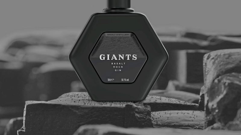 Basalt Distillery&#39;s new Giants Basalt Rock Gin in its signature hexagonal bottle. 