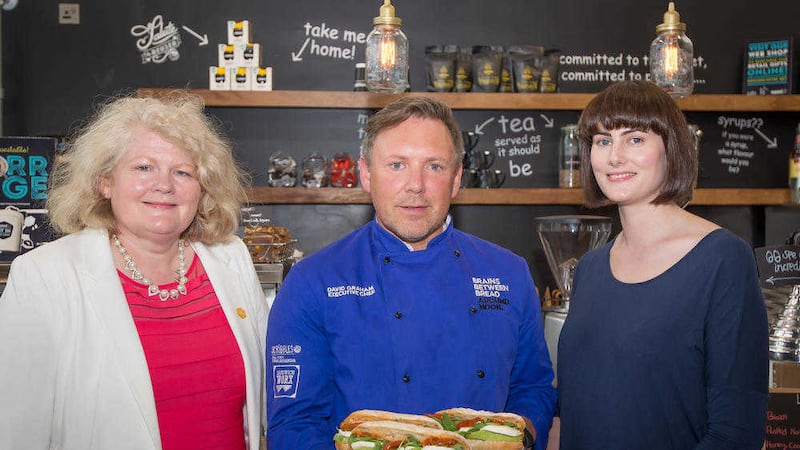 Pictured with the new Year of Food and Drink Sandwich, Michele Shirlow, left, chief executive, Food NI, David Graham, executive chef, Around Noon, and Louise Moss, Ground 