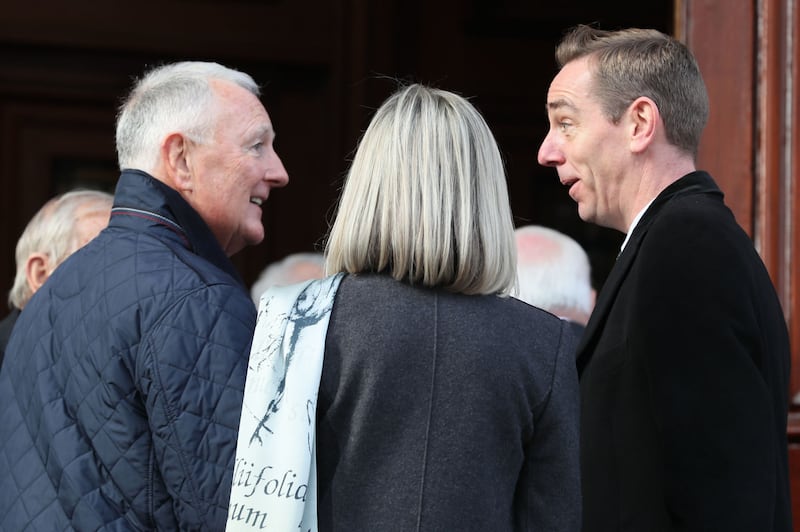 RT&Eacute;'s Ryan Tubridy, presenter of The Late Late Show (right) talks with former RTE presenter Michael 'Mike' Murphy, as they arrive for the funeral of Gay Byrne at St Mary's Pro-Cathedral in Dublin. Picture by Brian Lawless/PA Wire&nbsp;