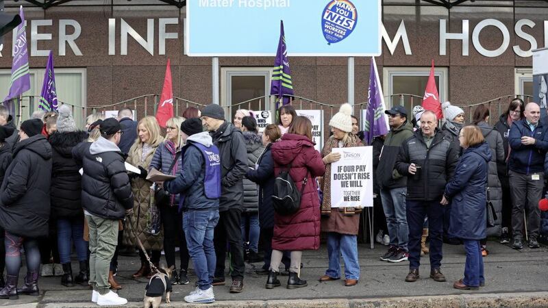 Healthcare staff on strike last month outside the Mater Hosptial in Belfast. Picture by Mal McCann 