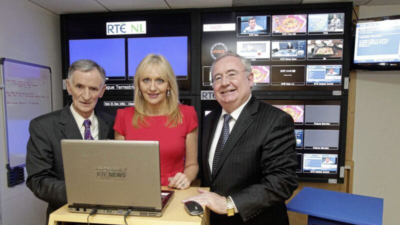From left, RT&Eacute; ex-chair Tom Savage, presenter Miriam O&#39; Callaghan and former minister for communications Pat Rabbitte marking the digital switchover in 2012 
