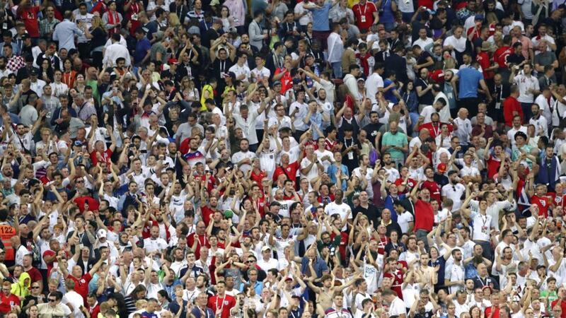 England fans in the stands during the FIFA World Cup, semi final match at the Luzhniki Stadium, Moscow on Wednesday night. Picture by Tim Goode/PA 