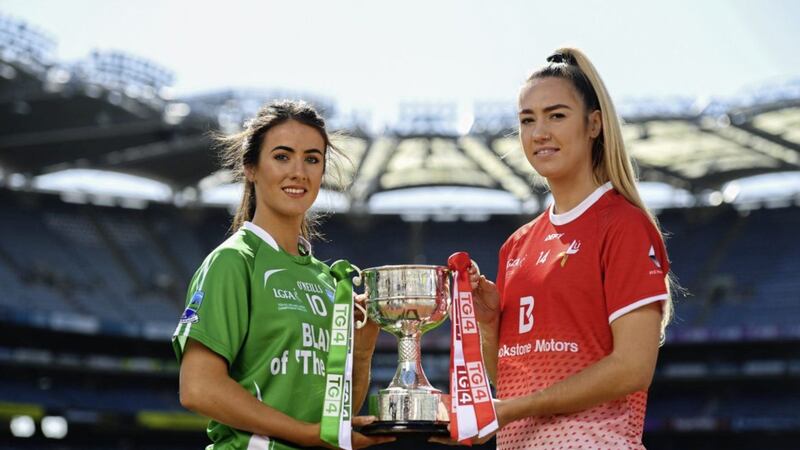In attendance at a photocall ahead of the TG4 All-Ireland Junior, Intermediate and Senior Ladies Football Championship Finals this Sunday, are Fermanagh captain Joanne Doonan and Louth captain Kate Flood. Picture by Ramsey Cardy/Sportsfile: September 9 2019  