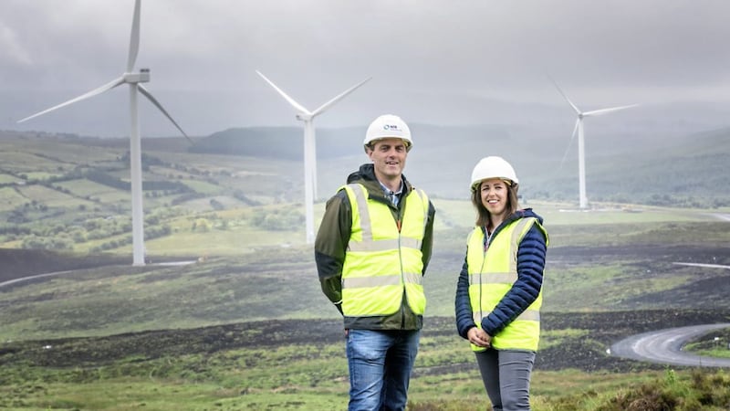 NTR program manager Martin Sweeney and Fionnuala Brennan, relationship manager at First Trust Bank are pictured at the &pound;50m Castlecraig Wind Farm 