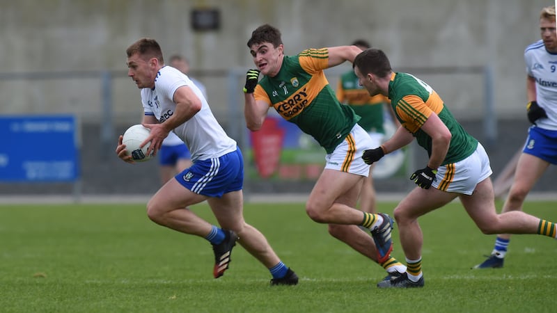 Monaghan's Micheal Bannigan is chased by Kerry&rsquo;s S&eacute;an O&rsquo;Shea and Tom O&rsquo;Sullivan during Saturday's Division One clash in Inniskeen. Picture by MonoPix